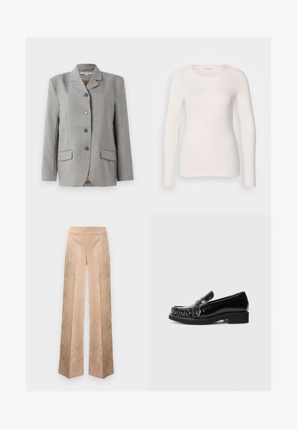 Grauer kariert Blazer mit geknöpften Revers, vier Frontknöpfen, zwei Taschen an den Seiten und einer glatten Textur.; Weißes langärmliges Rippoberteil mit rundem Halsausschnitt, glatter Textur und figurbetontem Design. Dezente vertikale Linien sorgen für eine schlanke Optik.; Beige Cord-Hose mit weitem Bein und strukturierter Oberfläche, ausgestattet mit hohem Bund und vertikalem Streifenmuster für zusätzliche Details.; Schwarze Lacklederschuhe mit dekorativem gerafftem Rand, flacher Gummisohle und einem kleinen metallischen Logoschmuck auf dem Riemen.