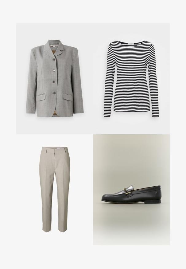 Grijze geruite blazer met een omgeslagen kraag, vier knopen aan de voorkant, twee zijzakken en een gladde textuur.; Langemouwen, ronde hals T-shirt met een zwart-wit gestreept patroon. Gemaakt van zachte stof met een reguliere pasvorm. Schoon, minimalistisch ontwerp.; Beige op maat gemaakte broek met riemlussen, een voorrits en geperste plooien over de benen, getoond tegen een witte achtergrond.; Zwarte leren loafer met zilveren bovenkant, gouden kettingdetail, lage hak en afgeronde neus op een neutrale achtergrond.