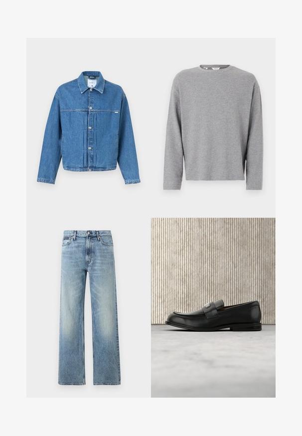 Veste en jean bleue avec devant boutonné, col, manches longues et détails plissés sur un fond uni.; Sweat-shirt à manches longues gris clair avec col rond, à texture tricotée simple et unie, présenté sur un fond blanc.; Jean droit en denim bleu clair avec taille haute, cinq poches, fermeture à boutons et léger délavage sur les cuisses et les genoux.; Mocassin en cuir noir avec une plaque de marque en métal reposant près d'une table ronde marron sur un sol recouvert de moquette beige.