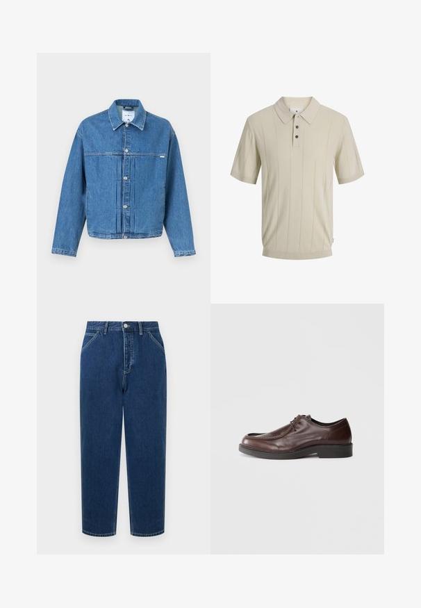 Veste en jean bleue avec devant boutonné, col, manches longues et détails plissés sur un fond uni.; Polo beige à manches courtes avec de fines rayures verticales, trois boutons foncés et un col pointu.; Jean en denim bleu foncé, taille haute, coupe droite, avec bouton et fermeture éclair à l'avant, poches latérales et passants pour ceinture.; Chaussure habillée en cuir marron avec un bout arrondi, des accents de couture minimum, et une semelle noire robuste. Présente un système de laçage et une texture lisse.