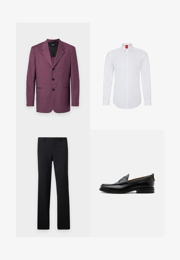 Lilla stripeblazer med slagkrave, tre sorte knapper og to sidelommer. Foret indeni, skræddersyet pasform, strukturerede skuldre.; Hvid langærmet skjorte med krave, der har en knappet front og blødt, glat stof. Ingen mønstre eller detaljer synlige.; Sorte skræddersyede bukser med et lige ben design, skarpe folder og en glat overflade. Fremstillet af letvægtsstof med en ren talje.; Sort læder herre loafer med moc-tå syning, penny strop, struktureret krave og lav stablet hæl på hvid baggrund.