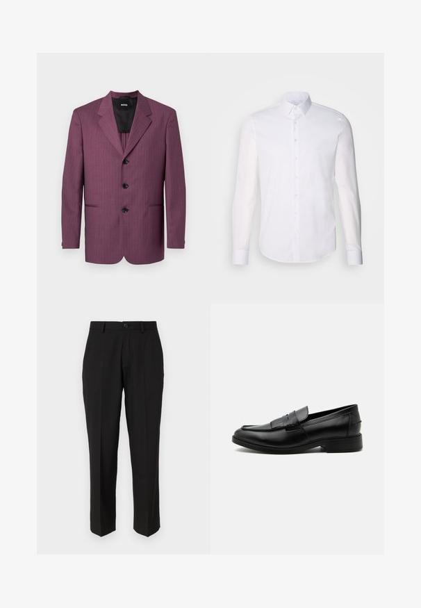 Lilla stripeblazer med slagkrave, tre sorte knapper og to sidelommer. Foret indeni, skræddersyet pasform, strukturerede skuldre.; Hvid langærmet button-up skjorte lavet af bomuld, med en klassisk krave, frontknapper og minimal syning detalje.; Sorte bukser lavet af glat stof, med lige ben design, forlommer, en enkelt knaplukning, og uden synlige mønstre.; Sort læder herre loafers med kvast detalje, rundet tå, lav hæl og glat poleret finish, vist fra siden på hvid baggrund.