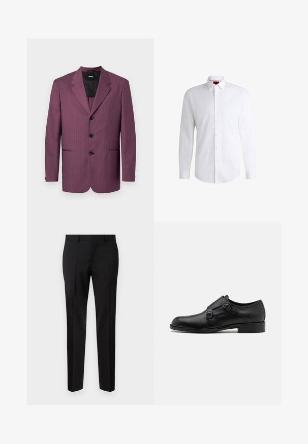 Blazer morado a rayas con solapa muesca, tres botones negros y dos bolsillos laterales. Interior forrado, corte entallado, hombros estructurados.; Camisa blanca de botones, confeccionada en tela suave, con collar clásico, mangas largas y dobladillo curvado. Presenta botones beige en la parte delantera.; Pantalones negros de corte ajustado, hechos de una tela suave, con pernera recta, detalles de pinzas refinadas y una cinturilla clásica con ojales para cinturón.; Zapato de vestir de cuero negro con doble hebilla, silueta elegante y punta redonda. Cuenta con un tacón bajo y una textura suave.