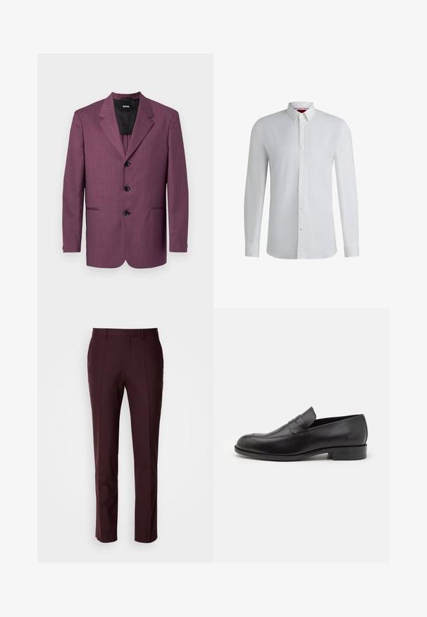 Blazer morado a rayas con solapa muesca, tres botones negros y dos bolsillos laterales. Interior forrado, corte entallado, hombros estructurados.; Camisa blanca de manga larga con cuello abotonado, que presenta una textura suave, corte recto y un detalle sutil a lo largo del pliegue frontal.; Pantalones burdeos con un corte entallado, diseño de frente plano y textura de tela suave, con piernas rectas y sin adornos visibles.; Mocasines de cuero negro con punta redondeada y detalles de costura sutiles. Textura suave y tacón bajo con marca en la parte trasera.
