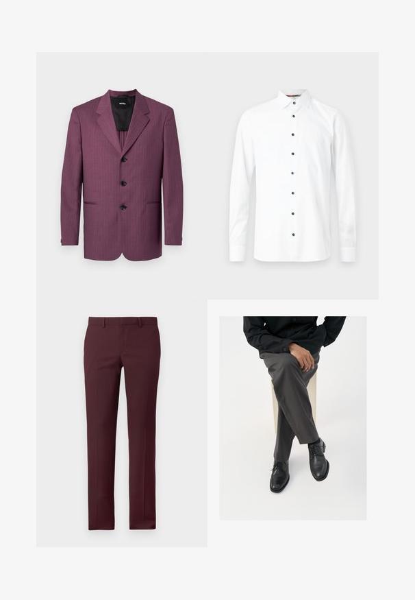Blazer à rayures violettes avec revers cranté, trois boutons noirs et deux poches latérales. Intérieur doublé, coupe ajustée, épaules structurées.; Chemise blanche à manches longues avec boutons noirs, col pointu et poignets boutonnés sur fond gris clair.; Pantalons taillés bourgogne avec une coupe structurée. Comprend un devant plat, des passants de ceinture et aucune poche visible, fabriqués en tissu lisse.; Des chaussures en cuir noir à lacets avec une finition brillante, accompagnées de pantalons gris sur mesure, présentées en position assise sur un fond blanc.