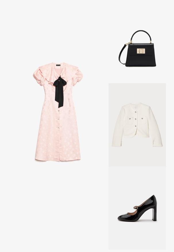 Hvid cropped jakke lavet af tekstureret stof, med fire knapper med dekorative udsmykninger og to forlommer.; Lyserød blomster midi-kjole med pufærmer, oversized krave, frontknapper og sort sløjfe ved halsen.; Sort laklæder Mary Jane-højhælet sko med rundet tå og lille spænde over vristen på hvid baggrund.; Sort læderhåndtaske med tophåndtag, aftagelig skulderrem og gyldent rektangulært spænde på den forreste klap.