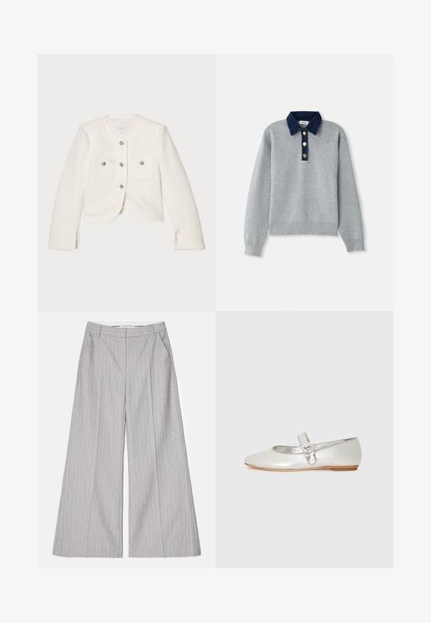 Hvid cropped jakke lavet af tekstureret stof, med fire knapper med dekorative udsmykninger og to forlommer.; Grå sweatshirt med en mørkeblå denimkrave, tre guldknapper og ribbede manchetter. Blød tekstur med et afslappet design.; Grå vide benbukser med lodrette striber, der har en glat tekstur og en subtil glans. Inkluderer forreste lommer og en waistband.; Sølv Mary Jane flad sko med en blomstformet spænde på stropen og en lys brun sål, vist i sideprofil.