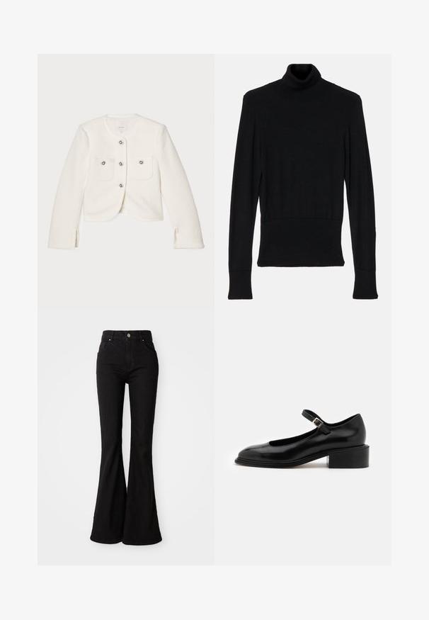 Hvid cropped jakke lavet af tekstureret stof, med fire knapper med dekorative udsmykninger og to forlommer.; AERON TENDER LONG SLEEVED - Striktrøje - black; Sorte brede jeans lavet af denim, med høj talje, knaplukning og klassisk fem-lomme design. Glat tekstur og ensartet farve.; Souliers Martinez PENELOPE - Højhælede pumps - black