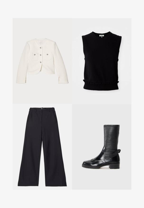 Hvid cropped jakke lavet af tekstureret stof, med fire knapper med dekorative udsmykninger og to forlommer.; Sort ærmeløs sweater lavet af blødt strikkemateriale. Har rundt halsudskæring og samlet bundkant med ribkant. Enkel, moderne design.; Maje PIMANO - Bukser - noir; Sort ankelstøvle med en glat læderoverdel, brogue-detaljer, rund tå og en mellemhøj blokhæl. Har en blød, struktureret skaft.