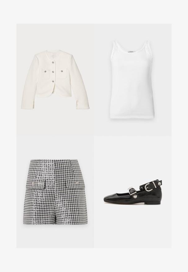 Witte cropped jas gemaakt van gestructureerde stof, met vier knopen met decoratieve details en twee voorzakken.; Wit geribbeld mouwloos tanktop met kanten rand aan de schouderbandjes, met een ronde halslijn.; Zwart-wit minirok met pied-de-poule patroon, twee klepzakken aan de voorkant en decoratieve knopen.; Zwarte gepatineerde leren platte schoen met een vierkante neus, enkelband met zilverkleurige hardware en platte zool. Gladde textuur met minimalistisch ontwerp.