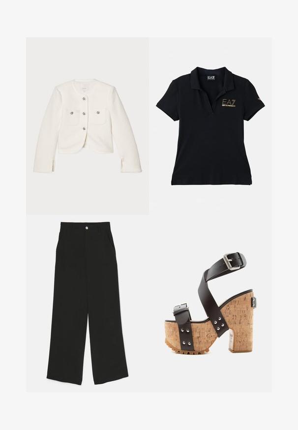 Hvid cropped jakke lavet af tekstureret stof, med fire knapper med dekorative udsmykninger og to forlommer.; Sort polo shirt lavet af bomuld med en klassisk krave. Har et guld logo på brystet og et subtilt mærkeemblem på ærmet.; Sorte bukser med brede ben lavet af stof med en glat tekstur, der har forlommer og en enkelt knaplukning i taljen.; Platformsandal med korkblokhæle, brune læderkrydsremme, sølvspænder og metalnitter på hvid baggrund.