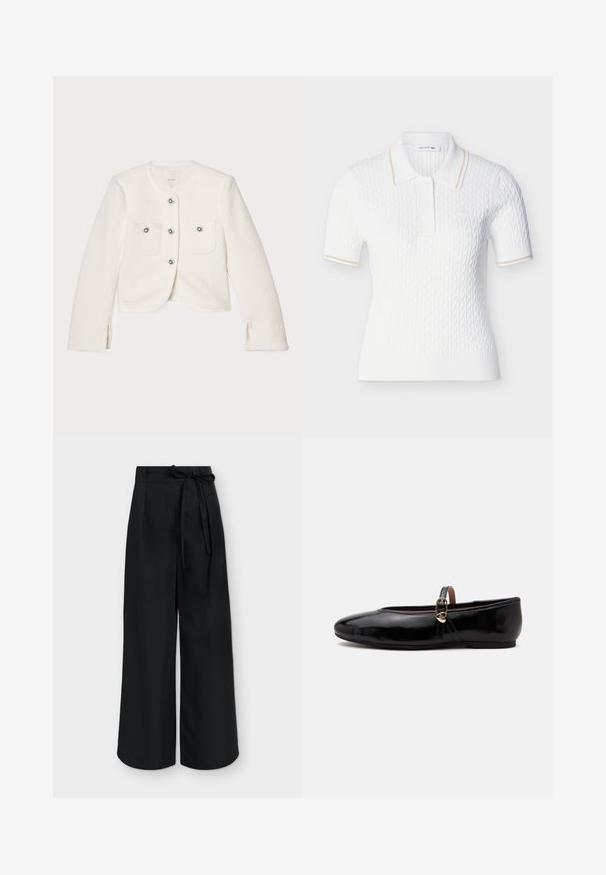 Veste blanche courte en tissu texturé, dotée de quatre boutons avec des embellissements décoratifs et de deux poches avant.; Polo blanc à manches courtes en maille torsadée, avec une bordure beige sur le col et les manches, une patte de boutonnage, et le logo Lacoste sur la poitrine.; Pantalon noir taille haute à jambes larges avec une ceinture en tissu nouée en nœud à la taille, présenté sur un fond uni.; Chaussure plate noire brillante avec une fine bride à la cheville et une petite boucle dorée en forme de cœur sur un fond clair uni.