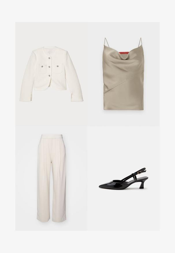 Hvid cropped jakke lavet af tekstureret stof, med fire knapper med dekorative udsmykninger og to forlommer.; Satin cami i lys taupe med en draperet halsudskæring, tynde justerbare stropper og skrå sømdetaljer. Mærketikette i rød på bagsiden.; Stine Goya CIARA - Bukser - ivory; Sort laklæderslingback med lille hæl, spids tå og justerbar guldlåsrem på hvid baggrund.