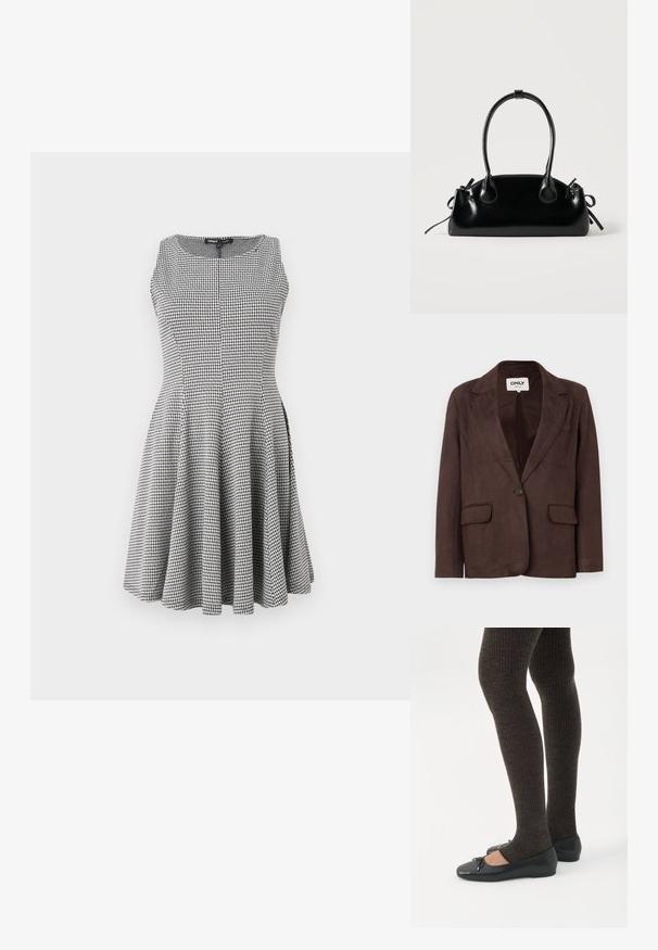 Blazer en faux suède marron avec col en revers, fermeture à un bouton, deux poches avant et doublure intérieure lisse.; Robe sans manches à carreaux noir et blanc avec un corsage ajusté et une jupe évasée, texture lisse et détails de couture subtils.; Jambes portant des leggings côtelés foncés associés à des ballerines noires avec de petits détails en nœud sur fond blanc.; Petit sac à main noir brillant avec deux longues anses et des détails à cordon sur les côtés sur un fond clair uni.