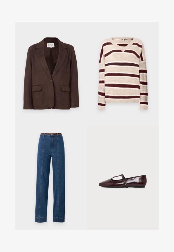 Blazer en faux suède marron avec col en revers, fermeture à un bouton, deux poches avant et doublure intérieure lisse.; Pull en V beige avec des rayures rouge foncé et crème. Doté de manches longues et d'un ourlet côtelé. Texture douce et coupe décontractée.; Jean en denim bleu foncé avec une coupe droite, taille haute et une ceinture tressée marron. Présente des coutures contrastées le long des coutures latérales.; Chaussure plate en cuir bordeaux foncé avec un bout pointu et une fine bride en T avec une boucle argentée sur fond blanc.
