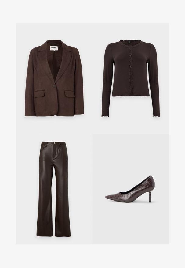 Blazer en faux suède marron avec col en revers, fermeture à un bouton, deux poches avant et doublure intérieure lisse.; Haut long à manches marron foncé avec une texture côtelée, bordure en dentelle au niveau du col et un devant boutonné avec trois boutons. Ourlet festonné.; Vero Moda Wide-leg VMTESSA High rise - Pantalon classique - chocolate torte; Escarpins à bout pointu en similicuir marron avec une texture crocodile, dotés d’un talon fin et angulaire ainsi que d’une doublure intérieure lisse.