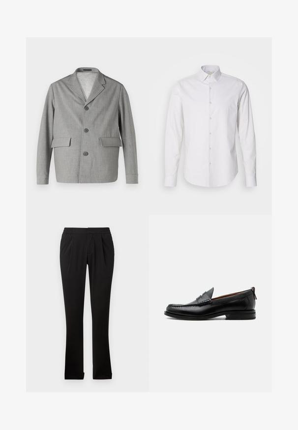Blazer gris en tissu texturé, avec un col à revers, trois boutons et deux poches avant. Design épuré et moderne.; Chemise blanche à manches longues avec un col pointu, fermeture à boutons à l'avant, en tissu lisse. Présente une texture légèrement rayée.; Pantalons noirs en tissu lisse avec une taille élastique, des jambes droites, des plis avant et des ourlets retournés. Design simple et polyvalent.; Mocassin homme en cuir noir avec couture moc toe, bride penny, col texturé et petit talon empilé sur fond blanc.