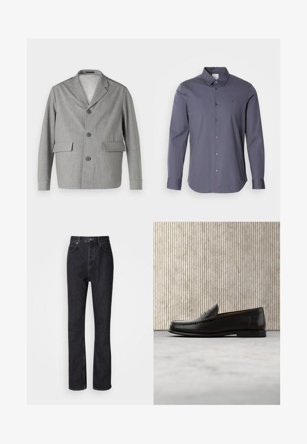 Blazer gris en tissu texturé, avec un col à revers, trois boutons et deux poches avant. Design épuré et moderne.; Chemise à manches longues avec boutons en tissu gris foncé. Présente un col classique, des boutons sur le devant et un logo discret sur la poitrine. Texture lisse.; Jean en denim noir taille haute avec fermeture à bouton et à glissière, poches avant et arrière, et coupe droite.; Mocassin penny en cuir noir avec talon bas, bout arrondi et détails cousus à l'avant et sur les côtés, présenté sur un fond neutre.