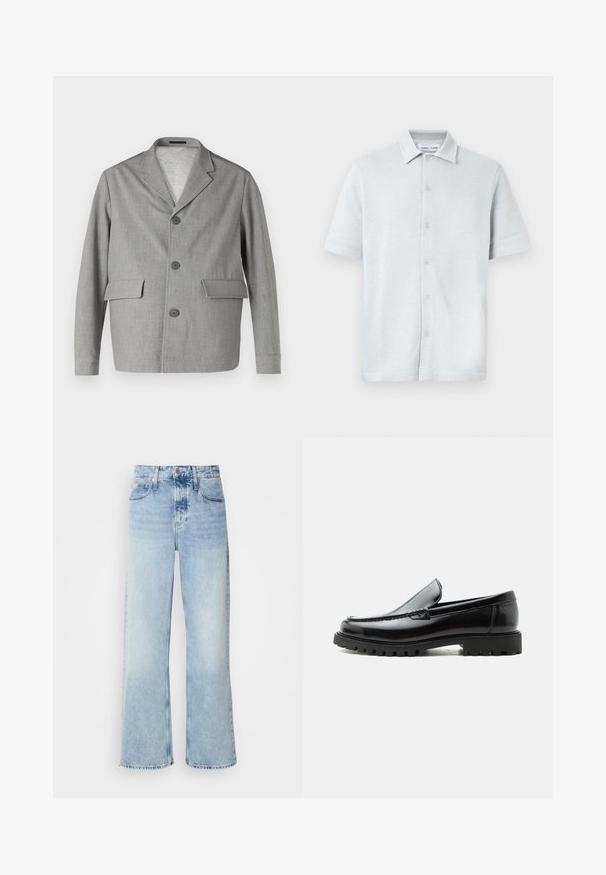 Blazer gris en tissu texturé, avec un col à revers, trois boutons et deux poches avant. Design épuré et moderne.; Chemise à manches courtes avec col, en tissu bleu clair texturé avec un motif en losanges, dotée d'une fermeture boutonnée à l'avant et d'un ourlet droit.; Jean large bleu clair à taille haute, avec une finition délavée, des passants de ceinture et un design classique à cinq poches. L'ourlet est brut.; Mocassin en cuir noir avec semelle en caoutchouc épaisse, dessus cousu et nom de marque embossé sur le talon, présenté de profil sur fond blanc.