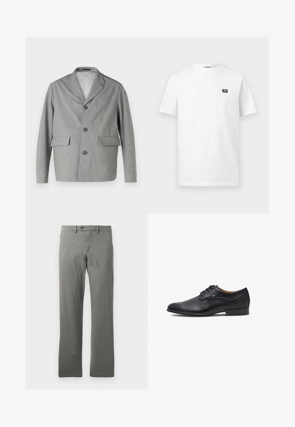 Blazer gris hecho de una tela texturizada, con cuello de pico, tres botones y dos bolsillos frontales. Diseño limpio y moderno.; Camiseta blanca de algodón de manga corta con cuello redondo y pequeño parche rectangular negro con logo en el pecho izquierdo.; Pantalones grises de pierna recta hechos de tela tejida, con cierre de un solo botón y bolsillos laterales, con una textura suave.; Zapato de vestir de cuero negro con un acabado suave, punta redonda, diseño de cordones, acentos mínimos y un tacón bajo y plano.