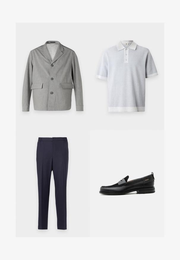 Grijze blazer van textuurstof, met een notch-kraag, drie knopen en twee voorkezen. Strak, modern ontwerp.; Lichtgrijze polo met een textured patroon, korte mouwen en een contrasterende witte kraag en zoom. Drieknoopsluiting aan de voorkant.; Marineblauwe broeken met een rechtvoorige snit, elastische tailleband en knoopsluiting. Rechte pasvorm en een soepele textuur, geschikt voor formele of casual gelegenheden.; Zwarte leren loafer met grijs riemdetailelement, lage hak en gestructureerde zool, aan de zijkant gebrandmerkt met "HUGO" in goud.