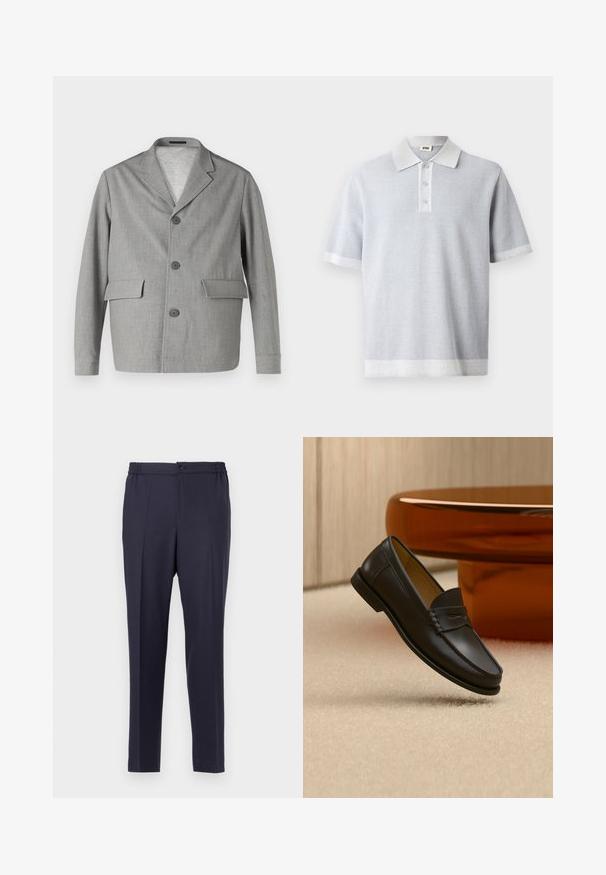 Blazer gris en tissu texturé, avec un col à revers, trois boutons et deux poches avant. Design épuré et moderne.; Polo gris clair avec un motif texturé, manches courtes, et un col et un ourlet blancs contrastants. Patte de boutonnage à trois boutons à l'avant.; Pantalon bleu marine à devant plat, taille élastique et fermeture à bouton. Coupe droite et texture lisse, adapté pour une tenue formelle ou décontractée.; Chaussure mocassin en cuir noir suspendue au-dessus d’un tapis beige avec du mobilier moderne couleur ambre en arrière-plan.