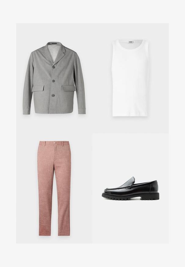 Blazer gris en tissu texturé, avec un col à revers, trois boutons et deux poches avant. Design épuré et moderne.; Débardeur en coton blanc sans manches avec un col rond et une texture lisse. Design simple, sans motifs ni accents.; Pantalons rouges texturés avec une coupe droite, poches avant et fermeture par bouton. Le tissu présente un motif tissé pour un détail supplémentaire.; Mocassin en cuir noir avec semelle en caoutchouc épaisse, dessus cousu et nom de marque embossé sur le talon, présenté de profil sur fond blanc.