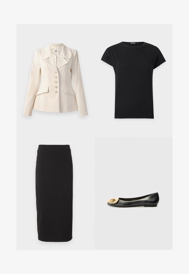 Beige skræddersyet blazer med store revers, fem knaplukninger, to forlommer og en struktureret pasform. Glat stofstruktur.; Sort T-shirt med korte ærmer og rund hals med et enkelt design og et lille "DENIM" mærke på indersiden af kraven.; Sort knælang pencilskørt med tætsiddende silhuet og enkelt taljebånd, vist mod en ensfarvet hvid baggrund.; Sort læder balletlejlighed med en rund tå, der har en metallisk gylden muslingebladformet detalje foran. Glat tekstur, lav hæl.