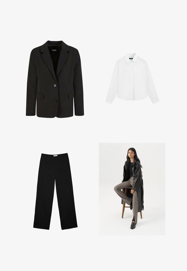 Sort blazer lavet af glat stof, med en spids krave, to forlommer og lukning med to knapper. Skræddersyet design, struktureret form.; Hvid langærmet skjorte med knapper og krave, vist fladt mod en hvid baggrund.; Vide benbukser i sort stof, med en glat overflade, enkelt design og en diskret lynlås i siden til lukning.; Sort læder trench coat med knapper og bælte detalje, parret med lysebrune tætsiddende bukser og sorte loafers, siddende på en træstol.