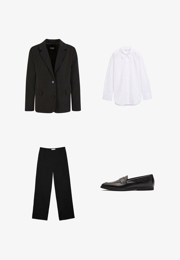 Zwarte blazer gemaakt van gladde stof, met een notch-kraag, twee voorkeepockets en een sluiting met twee knopen. Gepersonaliseerd ontwerp, gestructureerde vorm.; Witte blouse met lange mouwen van stof, met een klassieke kraag, knoopsluiting aan de voorkant en een ronde zoom. Gladde textuur met minimale details.; Wijdere broek in zwarte stof, met een gladde textuur, strak ontwerp en een discrete zijrits als sluiting.; Zwarte leren instapper met een gladde afwerking, ronde neus en dubbele stiksels op de bovenkant. Platte rubberen zool voor comfort.