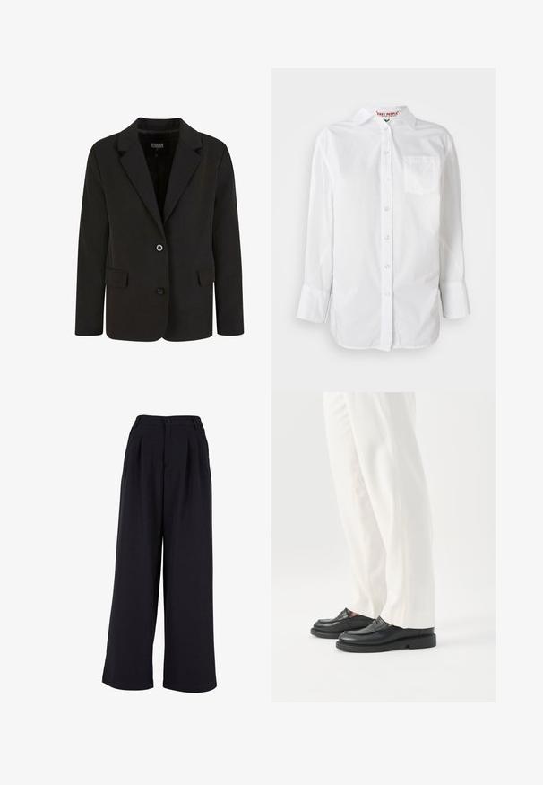 Blazer noir en tissu lisse, avec un col cranté, deux poches avant et une fermeture à deux boutons. Design ajusté, forme structurée.; Chemise blanche à manches longues avec col et poche poitrine, présentée sur un fond uni.; Pantalons à jambes larges en tissu noir, dotés de plis avant, d'une fermeture à bouton et d'une texture lisse. Design ajusté avec une taille haute.; Personne portant un pantalon blanc sur mesure et des mocassins en cuir noirs, debout sur un fond blanc.