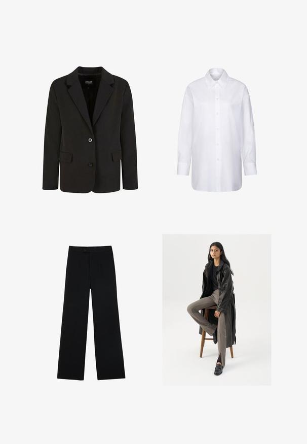 Sort blazer lavet af glat stof, med en spids krave, to forlommer og lukning med to knapper. Skræddersyet design, struktureret form.; Hvid langærmet skjorte med klassisk krave og knapmanchetter, vist på en ensfarvet hvid baggrund.; Sorte vidde bukser lavet af glat stof, med en frontknaplukning og to plissee for ekstra detaljer. Skræddersyet design i det hele taget.; Sort læder trench coat med knapper og bælte detalje, parret med lysebrune tætsiddende bukser og sorte loafers, siddende på en træstol.