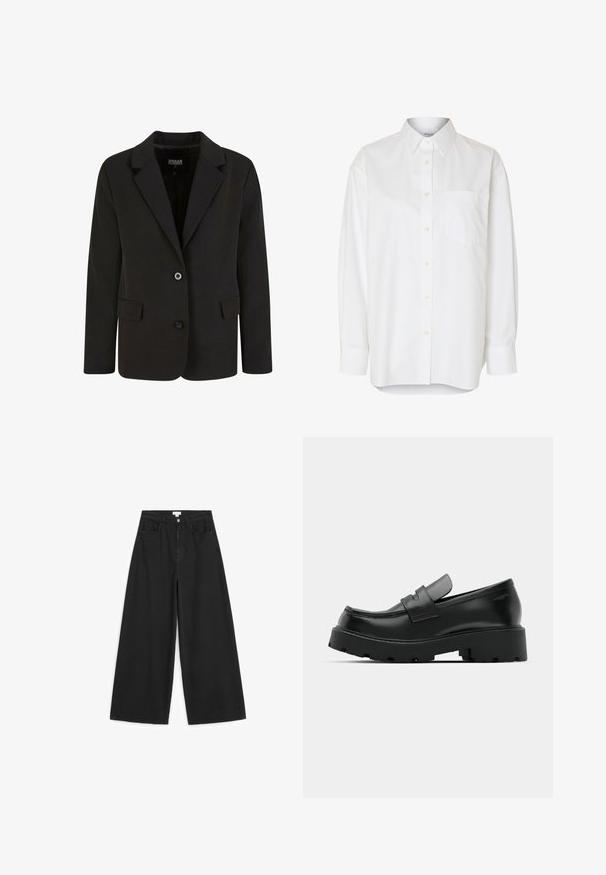 Sort blazer lavet af glat stof, med en spids krave, to forlommer og lukning med to knapper. Skræddersyet design, struktureret form.; Hvid langærmet skjorte med knapper, spids krave og brystlomme, vist mod en ensfarvet baggrund.; Sorte jeans med vidde ben, med knap- og lynlåslukning foran, to forlommer og bæltestropper, lagt fladt på en hvid baggrund.; Sorte læder loafers med en chunky tekstureret sål, der har en rem over vamps og en glat, poleret finish.
