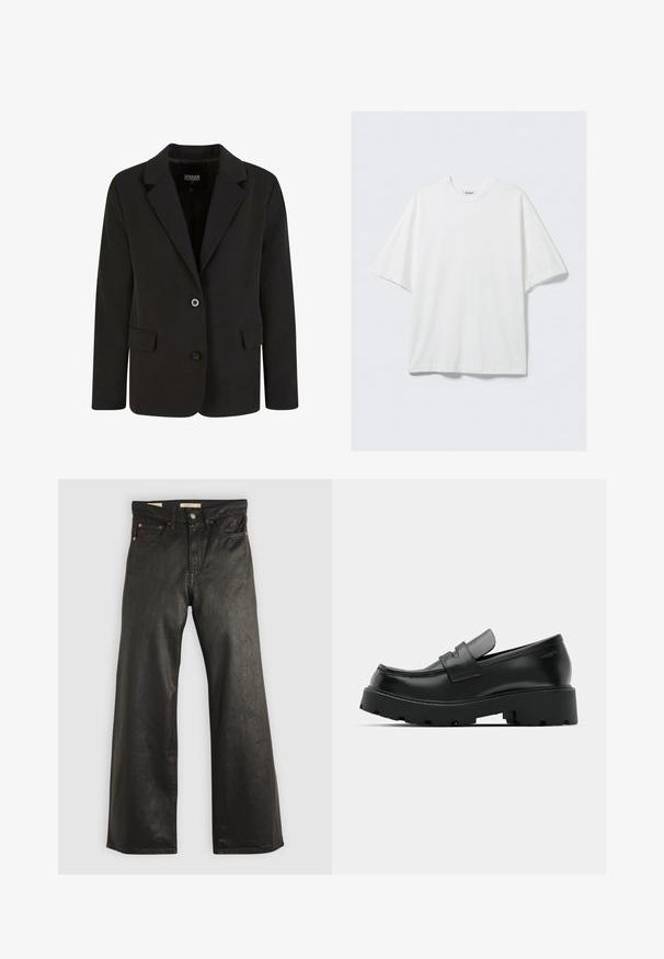 Blazer negro de tela suave, con solapa con muesca, dos bolsillos frontales y cierre de dos botones. Diseño ajustado, forma estructurada.; Camiseta blanca de algodón de manga corta y corte oversize con cuello redondo y una pequeña etiqueta de la marca en el interior del cuello.; Pantalones de mezclilla anchos negros con una textura suave, que presentan cinco bolsillos y detalles en metal color cobre. Cierre clásico con botón.; Mocasines de cuero negro con suela gruesa y texturizada, que presentan una correa sobre el empeine y un acabado suave y pulido.