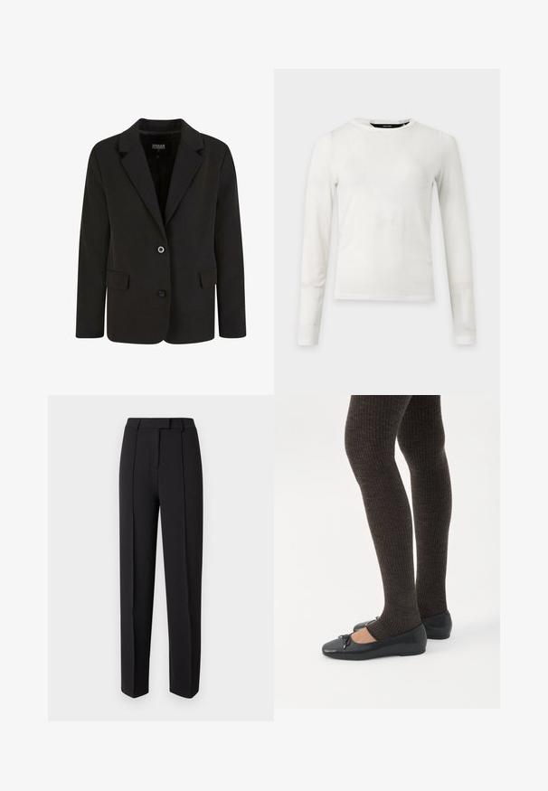 Sort blazer lavet af glat stof, med en spids krave, to forlommer og lukning med to knapper. Skræddersyet design, struktureret form.; Simpel hvid langærmet rundhalset skjorte med slank pasform på en neutral grå baggrund.; Sorte skræddersyede bukser med en glat tekstur, der har en lige pasform, bæltestropper og to forreste plisseringer for ekstra detalje.; Ben iført mørke ribbede leggings kombineret med sorte balletsko med små sløjfedetaljer på hvid baggrund.