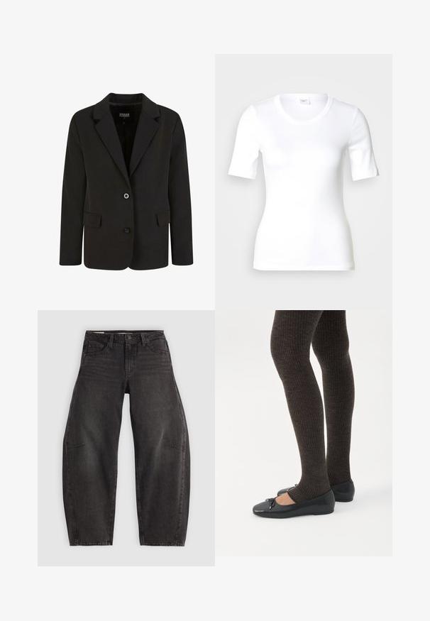 Blazer noir en tissu lisse, avec un col cranté, deux poches avant et une fermeture à deux boutons. Design ajusté, forme structurée.; T-shirt blanc à manches courtes en coton lisse, doté d'un col rond et d'une coupe ajustée. Design classique, sans motifs ni accents.; Jean en denim noir avec une coupe décontractée, comportant cinq poches, une fermeture à bouton et un léger dégradé. Le tissu a une texture lisse et résistante.; Jambes portant des leggings côtelés foncés associés à des ballerines noires avec de petits détails en nœud sur fond blanc.