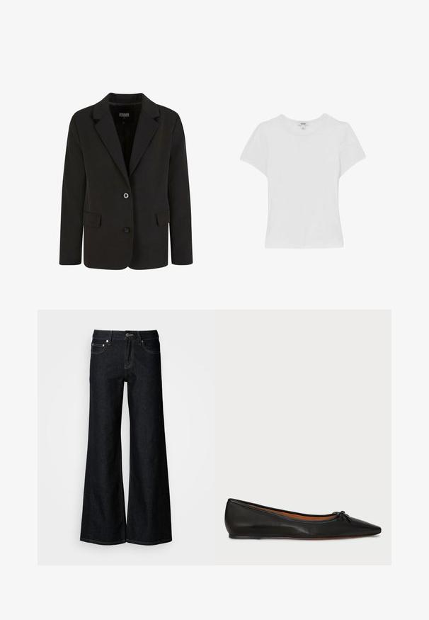 Blazer negro de tela suave, con solapa con muesca, dos bolsillos frontales y cierre de dos botones. Diseño ajustado, forma estructurada.; Camiseta blanca de manga corta hecha de algodón suave, con escote redondo y un corte holgado. Diseño liso sin patrones ni acentos.; Pantalones vaqueros de pierna ancha y denim oscuro, con cintura alta, diseño de cinco bolsillos y costuras contrastantes en color amarillo a lo largo de las costuras.; Bailarina de cuero negro con punta afilada, silueta delgada y un pequeño lazo en la parte frontal. Textura lisa y diseño minimalista.