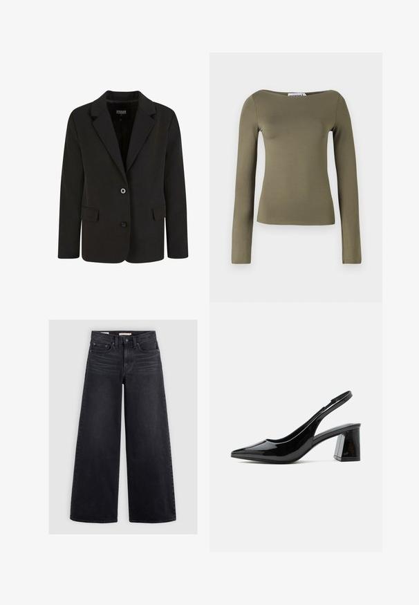 Blazer negro de tela suave, con solapa con muesca, dos bolsillos frontales y cierre de dos botones. Diseño ajustado, forma estructurada.; Top verde oliva de manga larga con un diseño ajustado, hecho de una tela suave y elástica con un escote ancho y costuras mínimas.; Vaqueros negros de pierna ancha hechos de denim, con una cintura alta, diseño de cinco bolsillos y un ligero desgaste en la parte delantera.; Zapato slingback negro de charol con punta afilada y tacón ancho de altura media sobre fondo blanco.