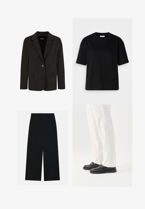 Blazer negro de tela suave, con solapa con muesca, dos bolsillos frontales y cierre de dos botones. Diseño ajustado, forma estructurada.; Camiseta de algodón negra de manga corta, con un escote redondo y un corte relajado. Textura suave y diseño minimalista sin patrones ni acentos visibles.; Pantalones negros de pierna ancha hechos de una tela suave. Presentan una cintura plana con pasadores de cinturón y sin bolsillos visibles. Diseño sencillo.; Persona con pantalones blancos a medida y mocasines de cuero negros de pie sobre un fondo blanco.