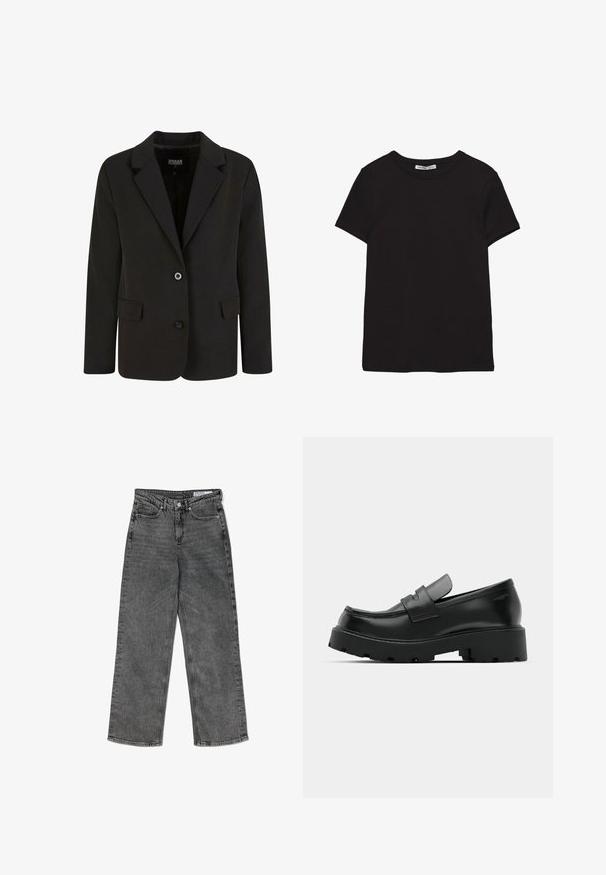 Sort blazer lavet af glat stof, med en spids krave, to forlommer og lukning med to knapper. Skræddersyet design, struktureret form.; Sort kortærmet t-shirt i bomuld med rund halsudskæring, standard pasform og synlig indvendig halsmærkat.; Højtaljede sorte vasket lige ben jeans med forlommer, bæltestropper, knaplukning og et mærkets indre taljeband.; Sorte læder loafers med en chunky tekstureret sål, der har en rem over vamps og en glat, poleret finish.