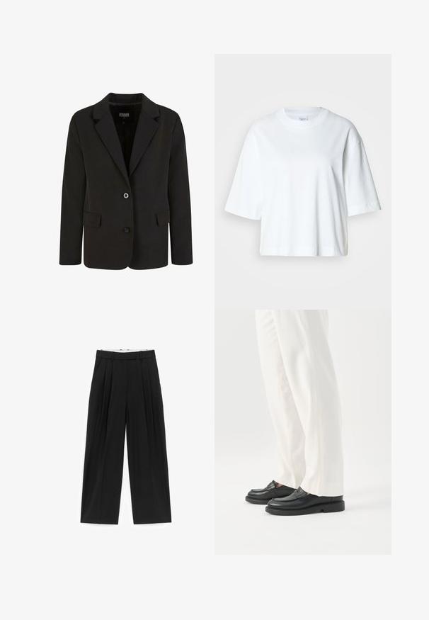 Zwarte blazer gemaakt van gladde stof, met een notch-kraag, twee voorkeepockets en een sluiting met twee knopen. Gepersonaliseerd ontwerp, gestructureerde vorm.; Witte cropped t-shirt met korte mouwen, ronde hals, gemaakt van zacht katoen, met een eenvoudig en strak ontwerp.; Zwarte broek met wijde pijpen, voorplooien, riemlussen en zijzakken, ontworpen voor een getailleerde pasvorm.; Persoon draagt witte op maat gemaakte broek en zwarte leren loafers, staand op een witte achtergrond.
