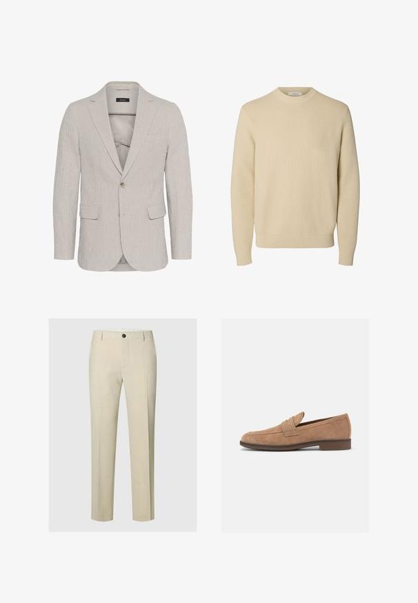 Hellgrau gestreifter Blazer mit einem Ein-Knopf-Verschluss, Reverskragen, zwei Vorderaschen und strukturiertem Stoff. Besitzt ein schmal geschnittenes Design.; Schlichter beiger Rundhals-Strickpullover mit langen Ärmeln und gerippten Bündchen und Saum.; Beige maßgeschneiderte Hose aus glattem Material, mit geradem Beinanschnitt, einem vorderen Knopf und dezenten Seitentaschen.; Hellbrauner Wildleder-Herrenloafer mit niedrigem Absatz, abgerundeter Spitze und einem Riemendetail über der Oberseite.