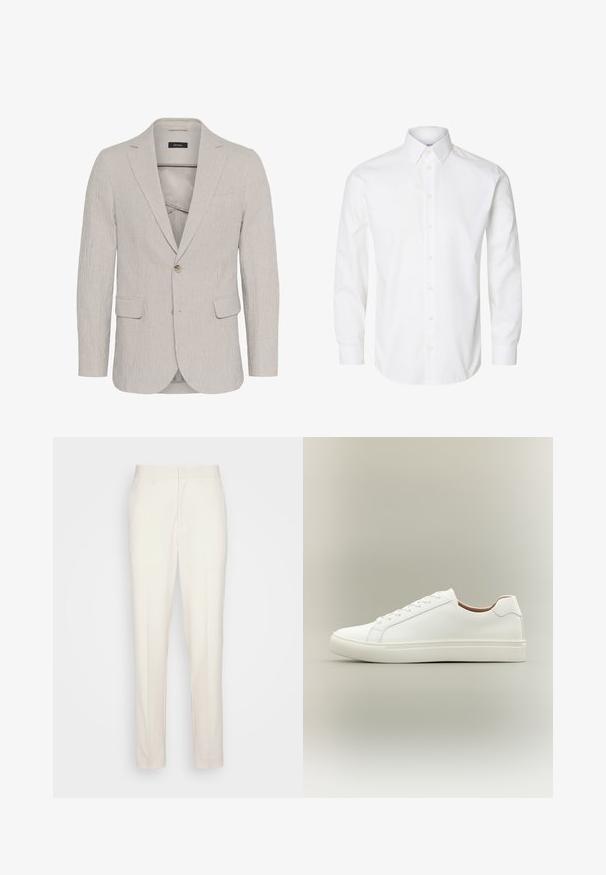 Lichtgrijze gestreepte blazer met een enkele knoopsluiting, notch revers, twee voorkruiken en een gestructureerde stof. Beschikt over een slim fit ontwerp.; Wit overhemd met lange mouwen, een puntige kraag, zichtbare knopen vooraan en knoopmanchetten.; Crème-kleurige op maat gemaakte broeken met een rechte snit, gemaakt van textuurstof. Voorzien van riemlussen en een ritssluiting aan de voorkant.; Witte lage sneaker met vetersluiting en platte zool, zijwaarts weergegeven op een neutrale achtergrond.