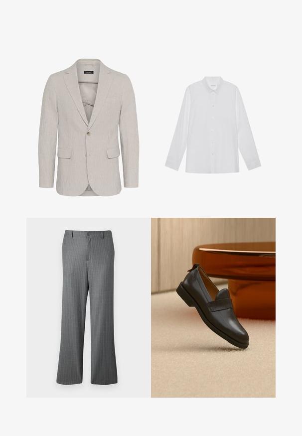 Hellgrau gestreifter Blazer mit einem Ein-Knopf-Verschluss, Reverskragen, zwei Vorderaschen und strukturiertem Stoff. Besitzt ein schmal geschnittenes Design.; Weiße Langarmbluse aus glattem Stoff, mit spitzem Kragen, Knopfleiste vorne und Ein-Knopf-Manschetten.; Grau gestreifte Hose mit lockerem Schnitt, ausgestattet mit einem Knopfverschluss, Gürtelschlaufen und dezenten hellblauen Streifen.; Schwarzer Lederloafer mit niedrigem Absatz, der über einem beigen Teppich schwebt, neben einem glänzenden bernsteinfarbenen Tisch in einem minimalistischen Raum.