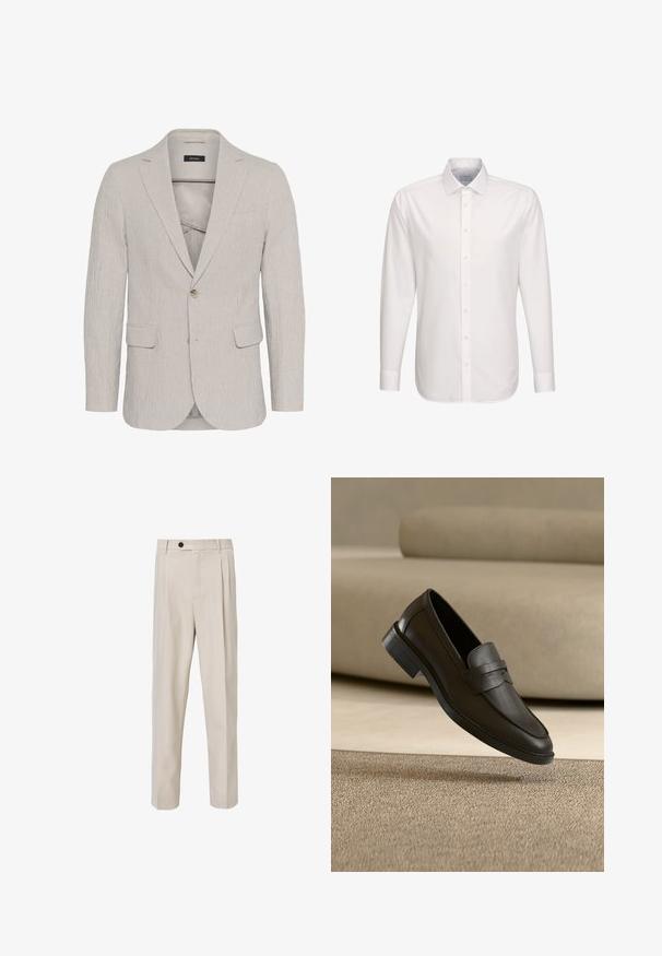 Hellgrau gestreifter Blazer mit einem Ein-Knopf-Verschluss, Reverskragen, zwei Vorderaschen und strukturiertem Stoff. Besitzt ein schmal geschnittenes Design.; Weißes, langärmeliges, schlank geschnittenes Hemd mit Knopfleiste und klassischem Kragen, vor einfarbigem Hintergrund präsentiert.; Beige maßgeschneiderte Hose mit geradem Beinschnitt, vorderen Falten, Knopfverschluss und glatter Stoffstruktur.; Schwarzer Lederloafer, der auf einem beigen Teppich liegt, mit einem gebogenen beigen Sofa im Hintergrund.