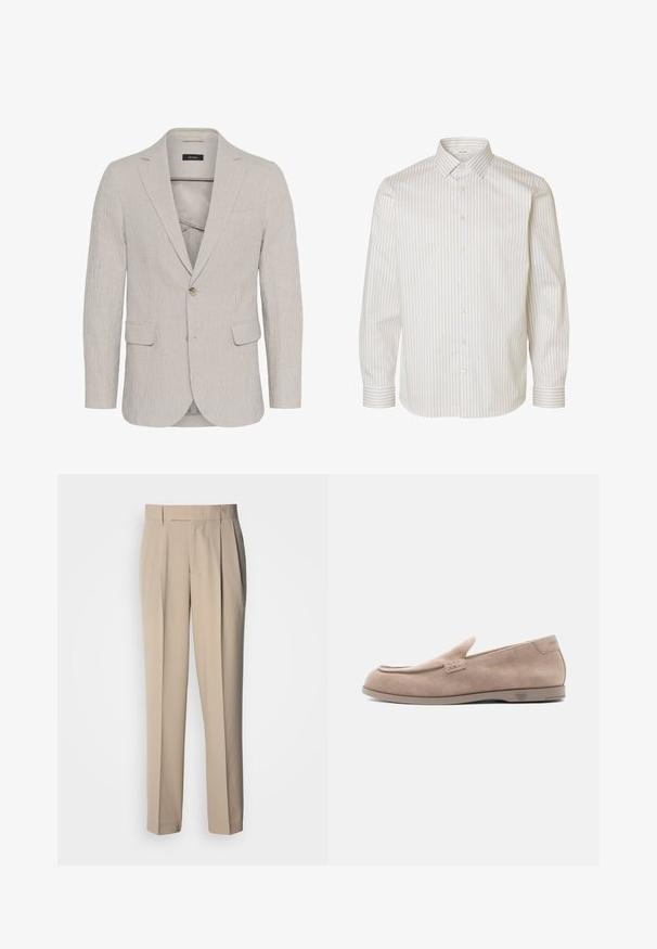 Vaaleanharmaa raidoitettu bleiseri, jossa on yksinkertainen nappikiinnitys, lovet kauluksessa, kaksi etutaskua ja teksturoitu materiaali. Ominaisuuksina slim fit -malli.; Pitkähihainen valkoinen kauluspaita, jossa beiget pystysuorat raidat, napitettu edessä, terävä kaulus ja napilliset kalvosimet.; Beiget, korkeavyötäröiset, laskostetut housut suoralla leikkauksella, joissa on sileä pinta ilman näkyviä koristeluita tai kuvioita.; Beigenvärinen mokkanahkainen slip-on-mokkari, jossa on matala korko, pyöreä kärki ja minimalistiset ompelu-yksityiskohdat valkoisella taustalla.