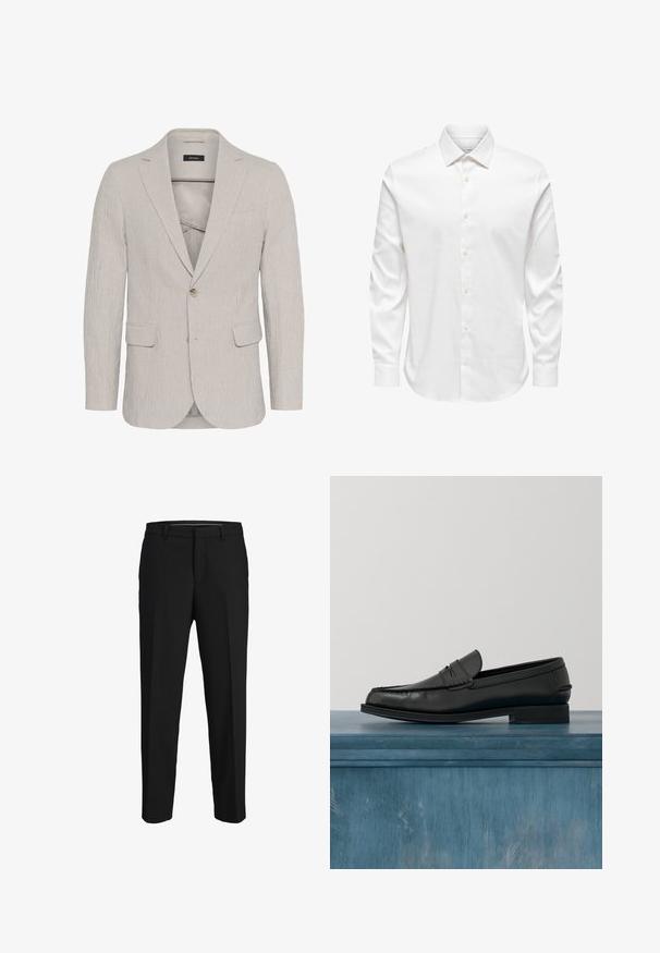 Hellgrau gestreifter Blazer mit einem Ein-Knopf-Verschluss, Reverskragen, zwei Vorderaschen und strukturiertem Stoff. Besitzt ein schmal geschnittenes Design.; Weißes Herrenhemd mit langen Ärmeln, spitzem Kragen und einer vorderen Reihe weißer Knöpfe auf einfarbigem Hintergrund.; Schwarze Hose aus glattem Material, mit geradem Schnitt, Gürtelschlaufen und flachem Vorderteil ohne sichtbare Muster oder Verzierungen.; Schwarze Leder-Loafer mit schlankem Design, ausgestattet mit einer abgesteppten Zehe und einer glatten Oberfläche. Der Schuh verfügt über einen flachen Absatz und minimale Verzierungen.