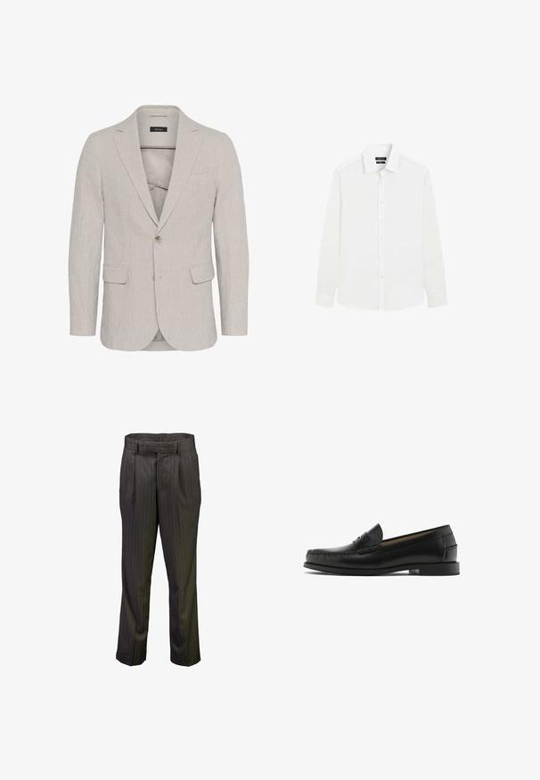 Lichtgrijze gestreepte blazer met een enkele knoopsluiting, notch revers, twee voorkruiken en een gestructureerde stof. Beschikt over een slim fit ontwerp.; Witte lange mouwen herenen overhemd met knopen aan de voorkant en een klassieke kraag, getoond op een effen witte achtergrond.; Donkergrijze, gestreepte, op maat gemaakte broek met voorplooien en ceintuurlussen, afgebeeld tegen een witte achtergrond.; Zwarte lederen loafers met een ronde neus, stikdetails, een gladde textuur en een lage blokhak. Geen zichtbare versieringen of patronen.