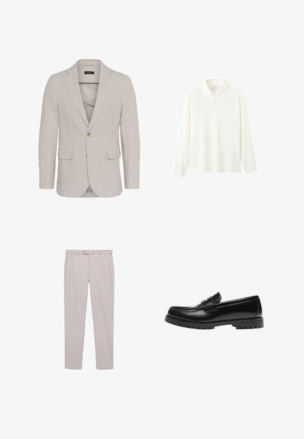 Hellgrau gestreifter Blazer mit einem Ein-Knopf-Verschluss, Reverskragen, zwei Vorderaschen und strukturiertem Stoff. Besitzt ein schmal geschnittenes Design.; Langärmeliges Poloshirt aus offweißem Baumwollstoff, mit klassischem Kragen, Drei-Knopf-Leiste und einer lässigen Passform ohne sichtbare Muster.; Helle beige Hose aus glattem Stoff, mit zwei seitlichen Taschen, einem vorderen Knopfverschluss und einem maßgeschneiderten Design.; Schwarzer Leder-Slipper mit dicker Gummisohle und klassischem Penny-Detail an der Riemen, von der Außenseite gezeigt.