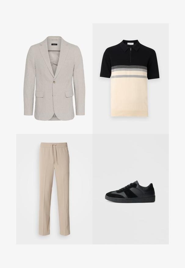 Lysegrå stribede blazer med en enkelt knaplukning, åbne slag, to frontlommer og struktureret stof. Har en slank pasform.; Herre kortærmet polo-shirt med sort top, grå og cremefarvede, horisontale striber og en kvart lynlås ved kraven.; Beige, afslappede bukser lavet af blødt materiale, med elastisk talje og snøre samt lige ben med minimale detaljer.; Sorte sneakers med en kombination af glat læder og ruskind, med en tekstureret sort gummisål og subtil stripingdetalje.